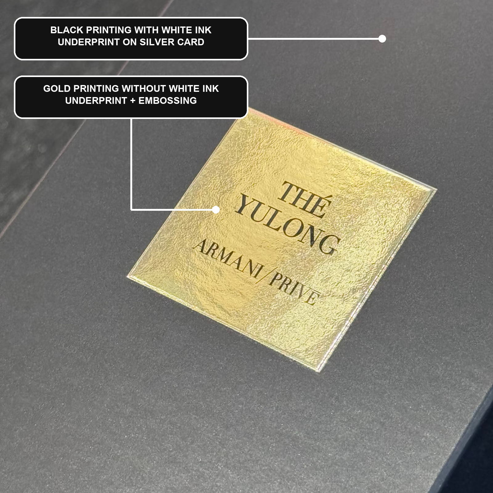 silver card with partial gold printing and embossing creating a foil-stamping-like effect